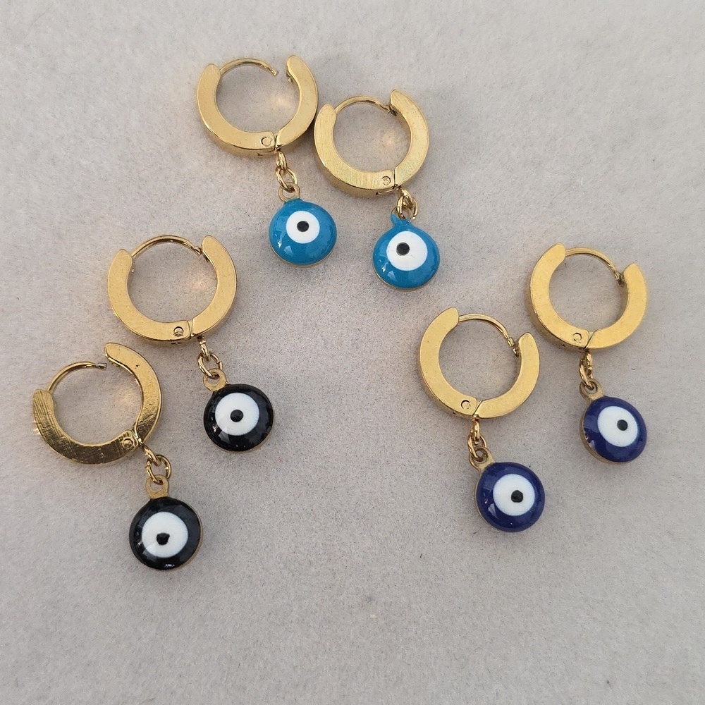Gold Stainless Steel Huggie Hoop Earrings with Evil Eye Charm